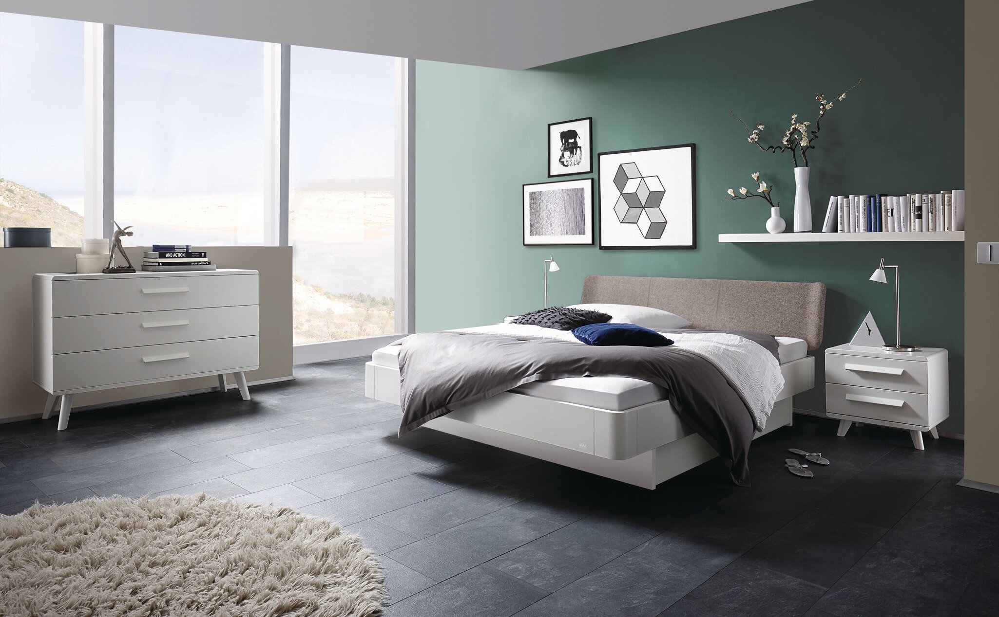 Fine-Line Syma 18 Bettrahmen in 10-MDF weiss deckend mit Lovie-Ron Box und Boga Kopfteil