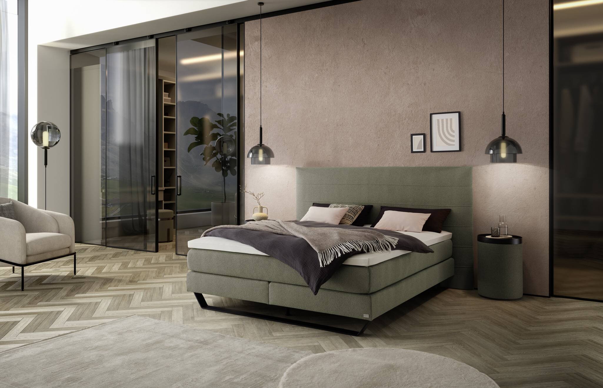 Comfort Boxspringbett Box Modern 18 mit Andrew Füssen, Mary Kopfteil und Dean Nachttisch