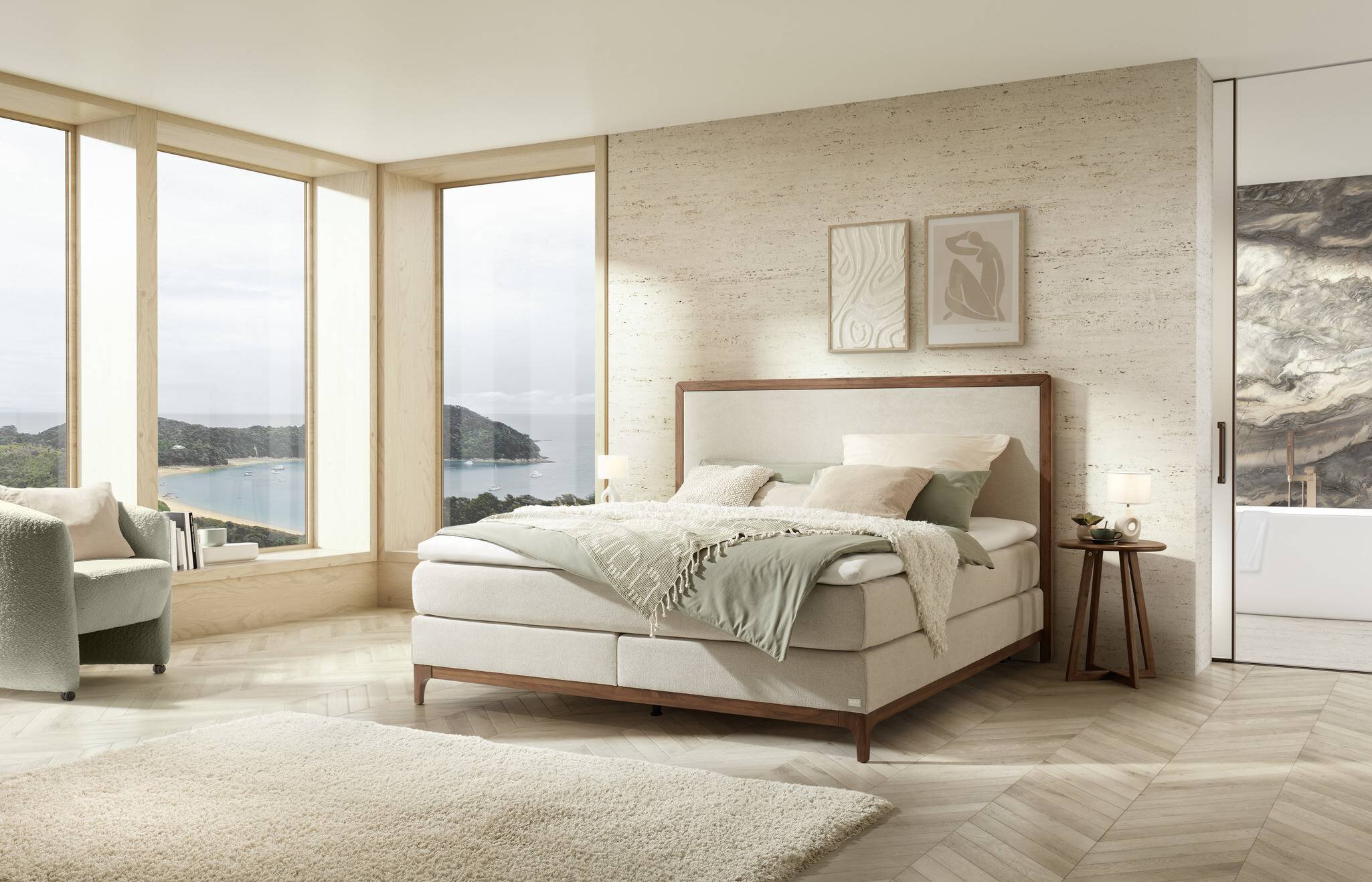 Comfort Boxspringbett Box Modern 18 mit Lea Kufe, Zelda Kopfteil und Roy Nachttisch