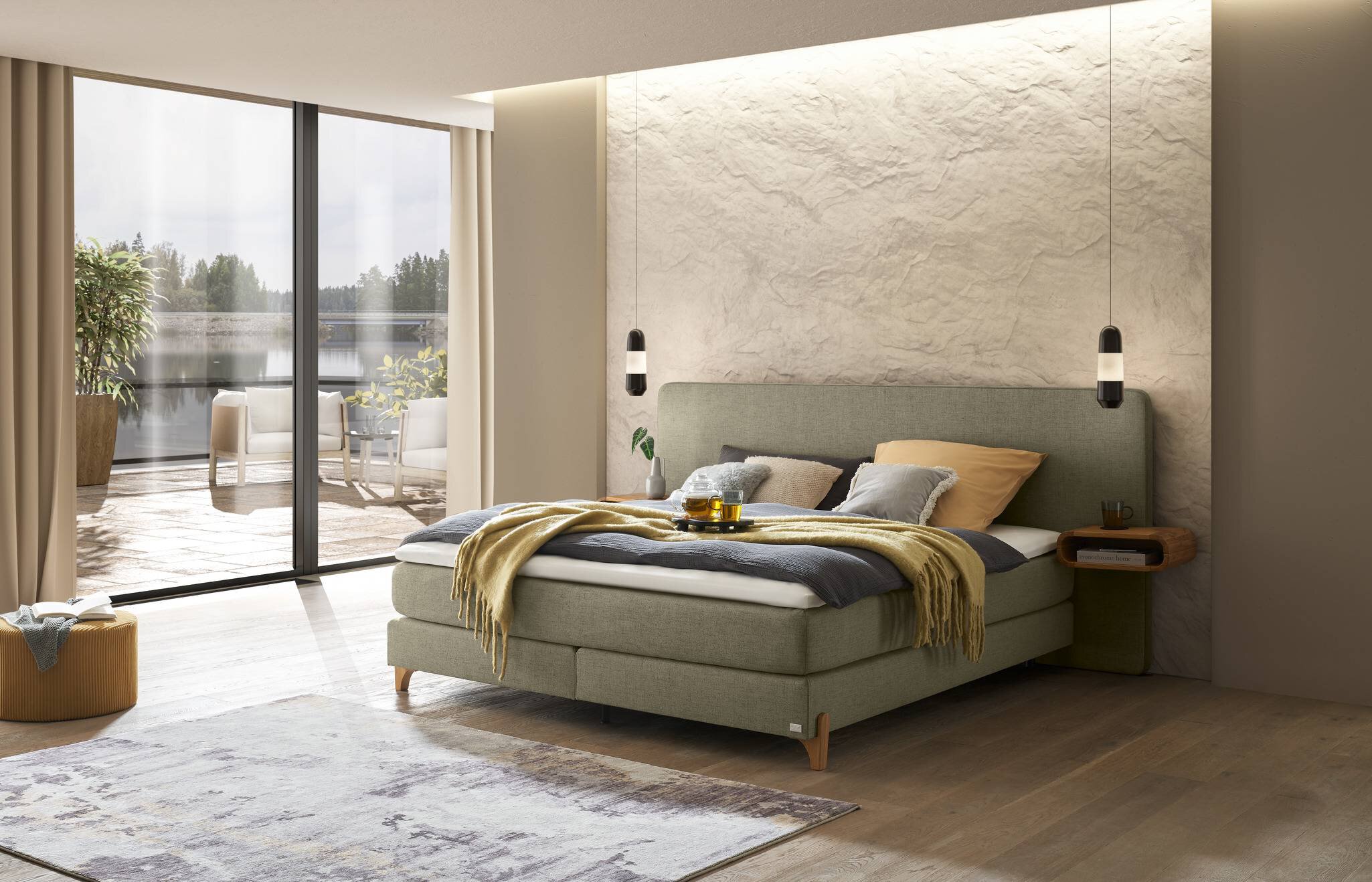 Comfort Boxspringbett Box Modern 18 mit Liam Füssen, Clara Kopfteil und Elinor Nachttisch